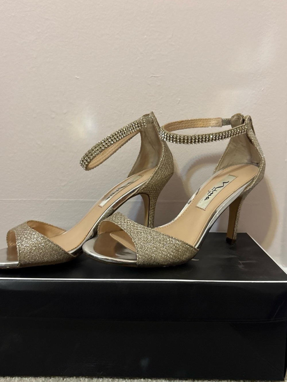 Nina New York Gold Glitter Ankle-Strap Stilettos